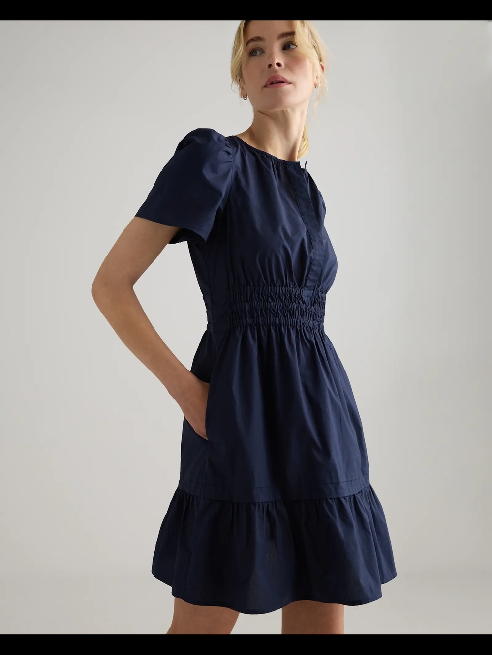 Quince 100% Organic Cotton Poplin Tiered Mini Dress Navy